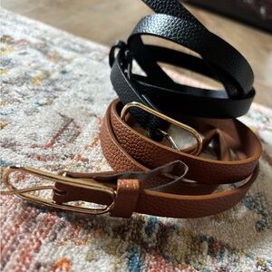 Black and Brown Vegan Leather Skinny Belts with Gold Buckles